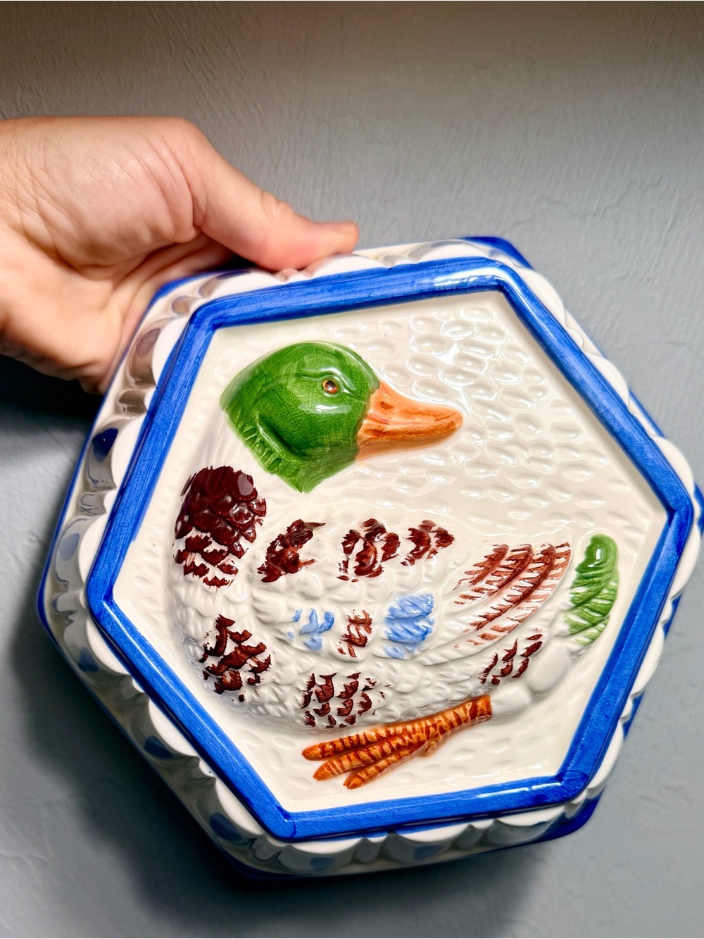 Vintage Hand-Painted Ceramic Mallard Duck Wall Plaque - Blue, Green, Orange - Picture 5 of 8